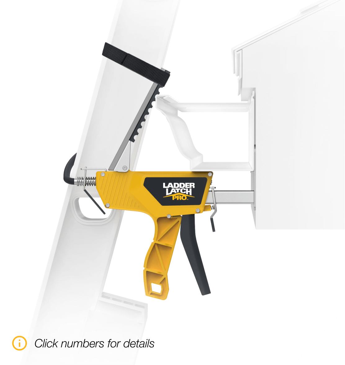 3D rendering of side view showing the ladder latch pro connecting the ladder to the roof's edge